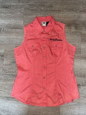 Harley-Davidson Coral Sleeveless Button-Down Shirt with Chest Pockets tank top m